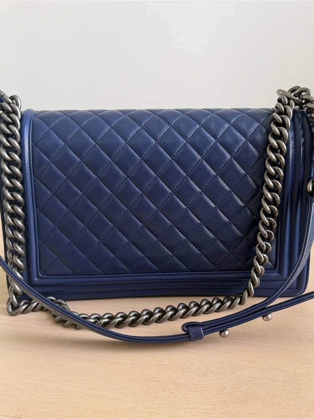 CHANEL Navy Boy Flap Bag Quilted Lambskin Medium with Aged Hardware